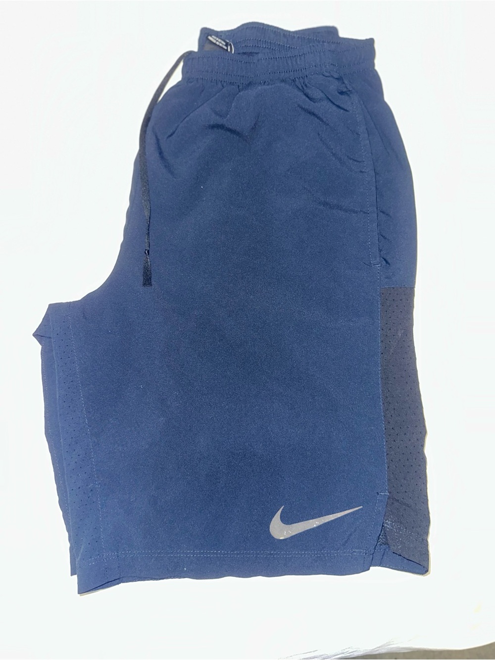Nike Men's Navy Blue Athletic Shorts with Silver Swoosh